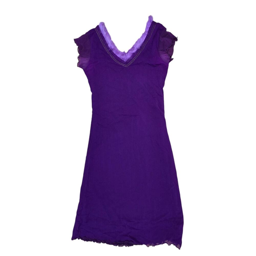 Vintage 90s Y2k Purple Scallop Trim Fur Trim Mini Dress Size XS Whimsigoth Mesh